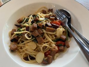 spaghetti basil leaves  at Baan Im Yen in Nakhon Pathom