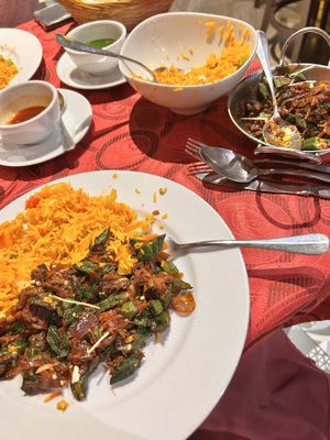 Beautiful rice with fruity hits in, bindi masala with fresh ginger slivers on top- lovely  at Mother India in Kota Kinabalu