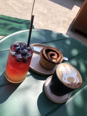 Cinnamon bun, iced tea  at Kilnfolk Coffee in Sheffield