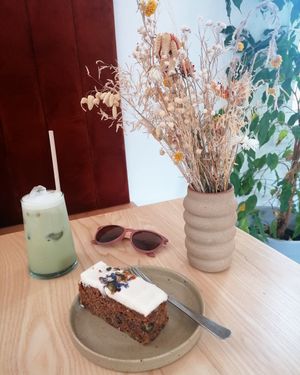 Carrot cake and iced oat matcha at Kilnfolk Coffee in Sheffield