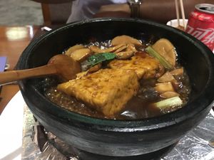 Peanut (not soy) based tofu with mushrooms is one of their specialties  at San Xiu Tang in Shenzhen