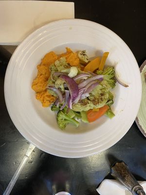 Cauliflower Steak, bed of sweet potato mash and seasonal veg.  at Good Health Cafe in New York City
