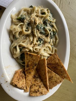 Fettuccine with fried tofu  at Almendra in Antigua