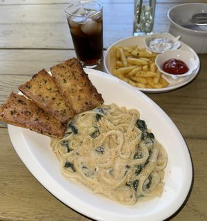 Fettuccine Marañoni + Fries + Falafelina Dip  at Almendra in Antigua