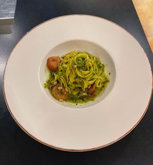 Vegan pasta with homemade pesto at Ottos Restocafé in Tirana