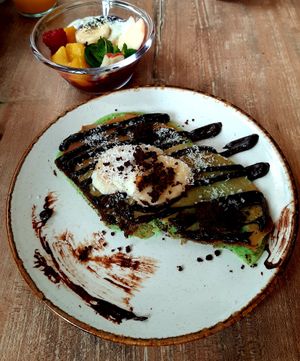 Pandan Pancake with Brownie Crumble (Brunch) at Monkey Mood in Capbreton