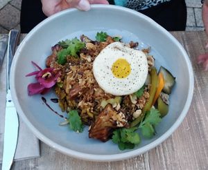 Nasi Goreng with vegan egg at Monkey Mood in Capbreton