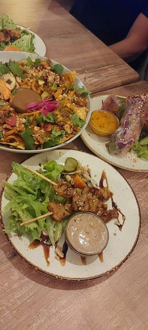 Jackfruit nachos, 'chicken' satay and spring rolls at Monkey Mood in Capbreton