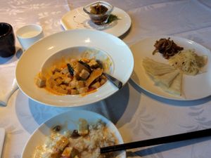 The Mapu  Dofu with fake fishy slices, bowl of rice, and complimentary appitizers.  at Hetian Xinyu - Lotus Vegetarian in Dalian