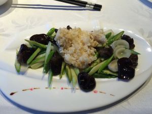 My main dish - Asparagus, Edible Fungus and Lily Roots.  Very interesting. at Hetian Xinyu - Lotus Vegetarian in Dalian
