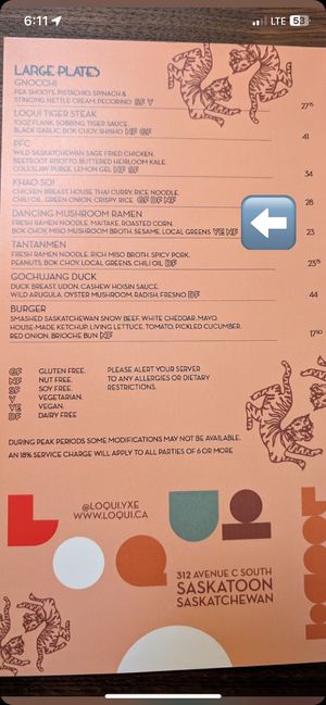 Menu (VE is Vegan)  at Loqui Restaurant & Bar Inc in Saskatoon