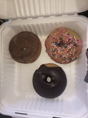 Strawberry glazed, chocolate glazed, and cinnamon cake donut!! at Reverie Bakeshop in Richardson