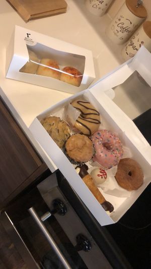 Kolaches from the previous picture + Doughnuts (Maple Glaze, Strawberry Glaze, Cinnamon Sugar), a Chocolate Chip Cookie, a Lemon Poppyseed Muffin, a Cake Ball, & a Cannoli  at Reverie Bakeshop in Richardson