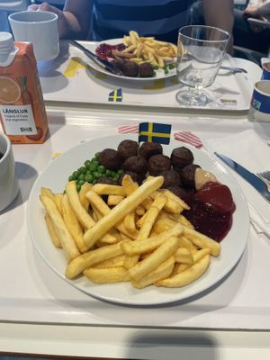 Plant base meatballs with fries and lingonberry sauce.   at IKEA in Haparanda