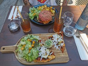 Burger with potatoes and vegetable tart with basil sorbet. at Vertueux in Agde