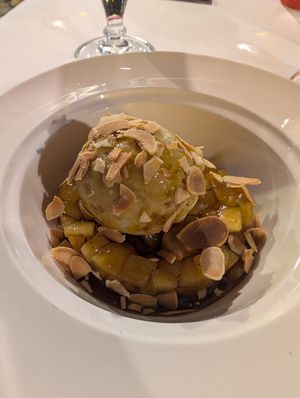 Sorbett with perfectly prepared apple, almonds and spices at Aux Trois Maries in Lyon
