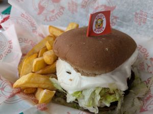 Vegan Krusty burger meal at Krusty Burger in Universal City