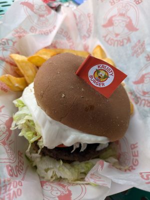 Vegan Krusty burger meal at Krusty Burger in Universal City