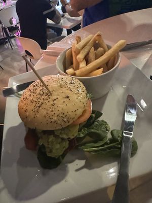 Queen burger with gluten free bun and fries  at The Modern Vegan in Royal Oak