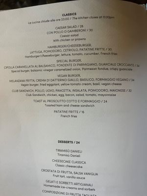 Dinner menu showing vegan burger  at Terrazza Danieli in Venice