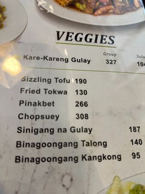veggies section of menu at Giligan's Restaurant in Pasay
