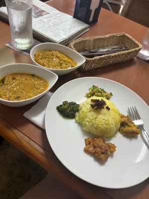 B set with dal and veggie curries and rice with no egg   at Lucky Lanka Restaurant in Nago