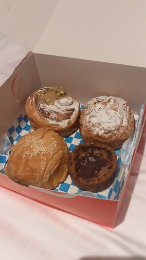 Pistachio swirl, cheeze pastry, amandes and brown sugar cookie. at Okja in East London