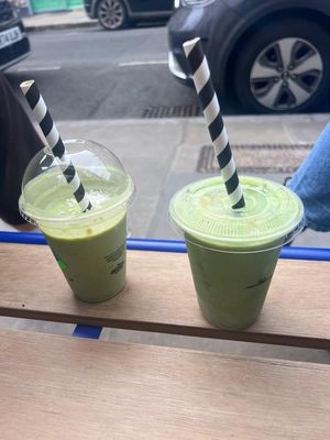 green smoothie and iced matcha latte  at Okja in East London