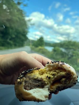 Everything vegan stuffed bagel  at Moonrise Bakery in Woodstock