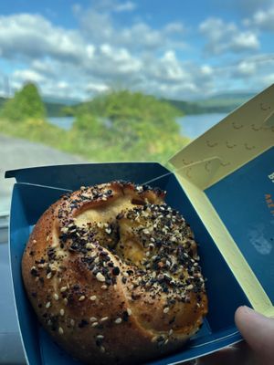 Everything vegan stuffed bagel  at Moonrise Bakery in Woodstock
