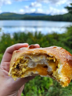 Plain vegan stuffed bagel at Moonrise Bakery in Woodstock