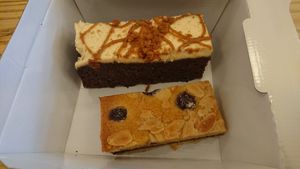 Vegan sticky toffee biscoff cake and blueberry bakewell at Fika in Birmingham
