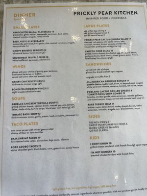 Current menu 8/24/24  at Prickly Pear Kitchen in Page