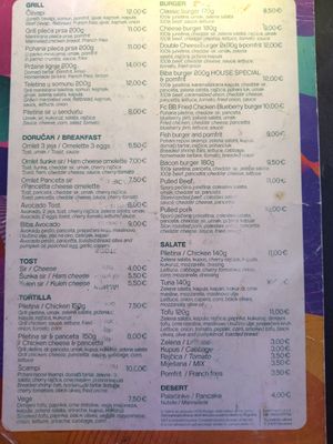 Menu at Biba in Pakostane