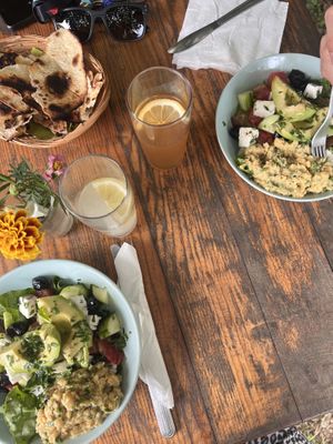 Vegan Greek Bowl and homemade drinks   at Aroma Café in Corsica