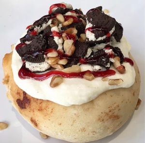 Marshmallow Frosting, 'Oreo' Cookies, Walnuts, and Raspberry Jam! at Cinnaholic in Madison