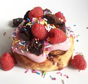 Raspberry Frosting, Brownie Bites, Fresh Raspberries, Sprinkles at Cinnaholic in Madison