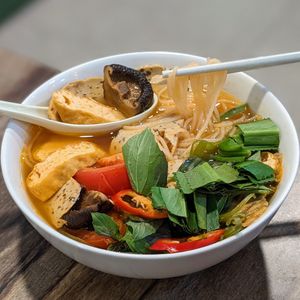 Vegan Bun Rieu Crab Noodle Soup at Lập Vegetarian Restaurant in Central Singapore