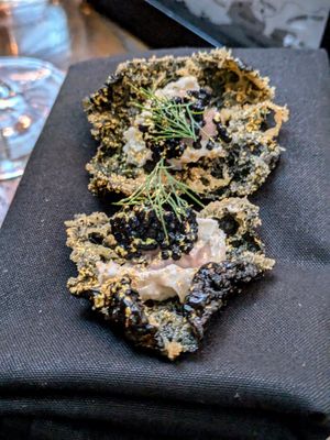 Tempura fried nori with seaweed caviar at Surrell in Seattle