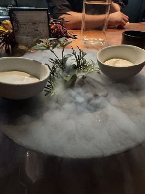 Something creamy on top of candied lemon  at Surrell in Seattle