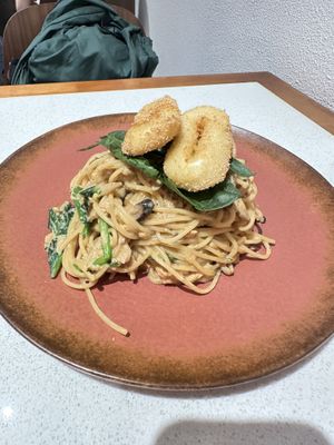 Calamari salmon spinach spaghetti  at Here With Years in Hong Kong Island
