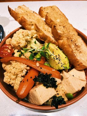Grilled veggies, avocado, humus and focaccia bread bowl  at Here With Years in Hong Kong Island