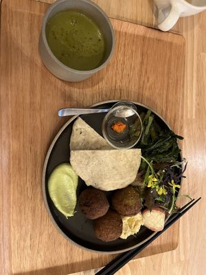Falafel, soup, bread and salad so lovely  at Ome Farm Kitchen in Tokyo
