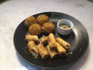 Spring rolls and vegetable kurkure momos appetizers  at 365 Day's Cafe in New Delhi