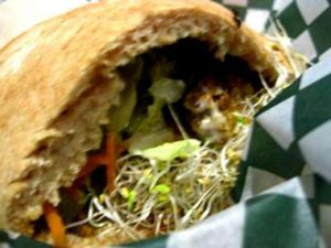 Veggie burger. Very yummy. There's ketchup inside. at Panthere Verte - Plateau in Montreal