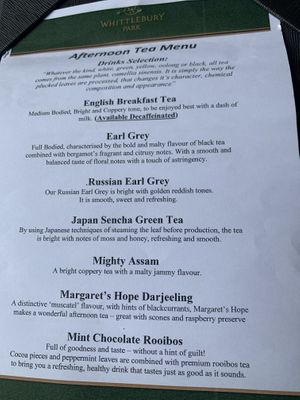 Tea menu-plant milks available   at Whittlebury Park Hotel & Spa  in Towcester