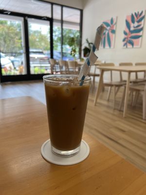 Small iced coffee with vanilla flavoring and almond milk  at Tetherball Coffee in Jacksonville