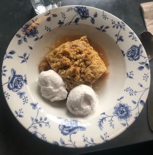 Apple crumble with coconut ice cream  at The Bottle Kiln in Harwich
