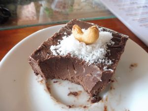 Dessert: "rae zen of chocolat". Almonds, cashew, cacao, coconut, palm sugar. at Radiance Restaurant in Koh Samui