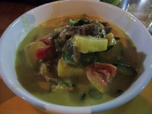 Veggie duck curry. Veggie duck (soy protein) in coconut with tomato, pineapple and basil. at Radiance Restaurant in Koh Samui
